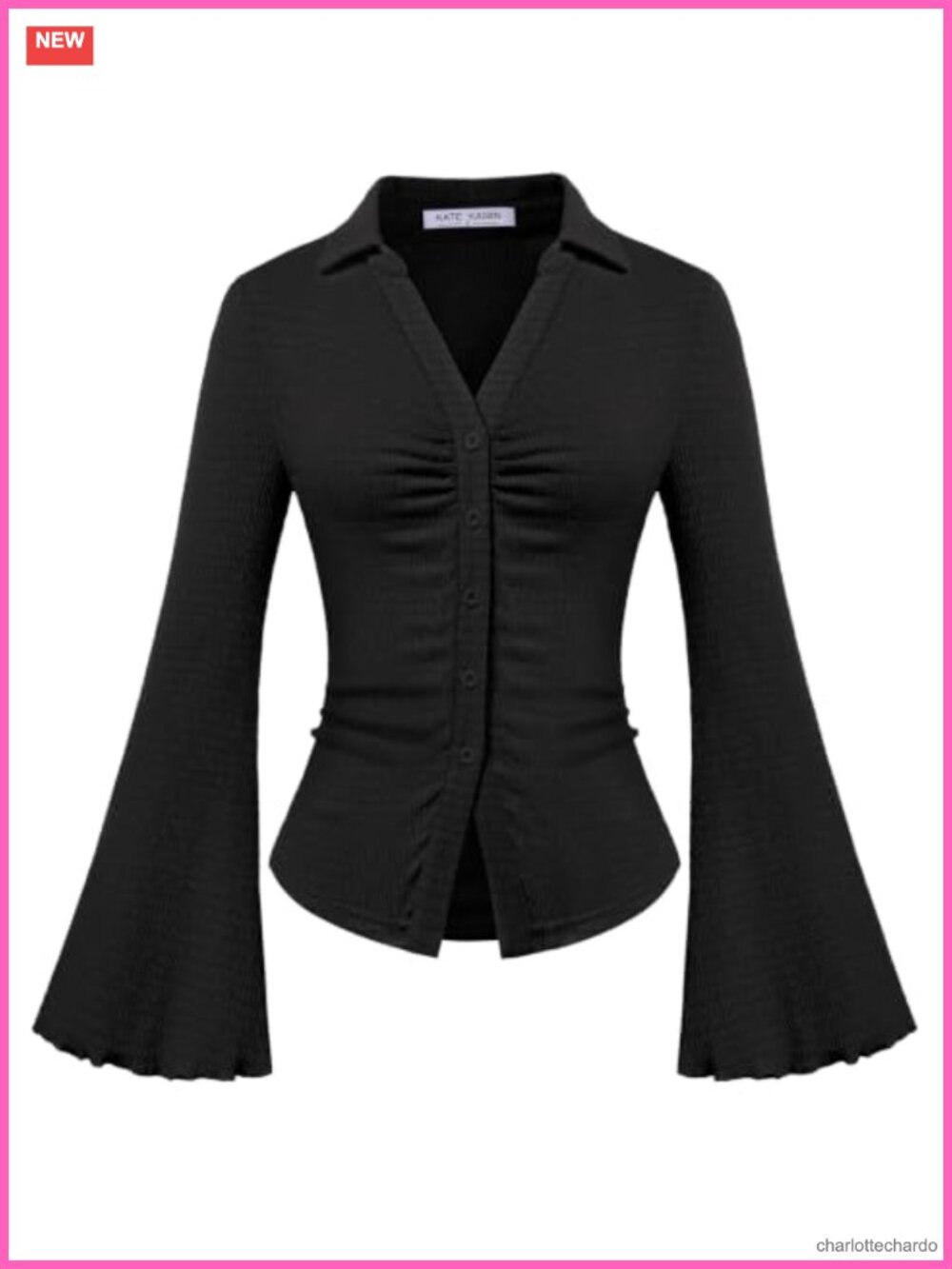 Button Down Collared Ruched Bell Sleeve Slim Y2K Blouse